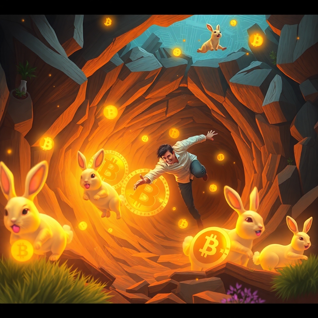 A man chasing glowing Bitcoin rabbits into a massive rabbit hole